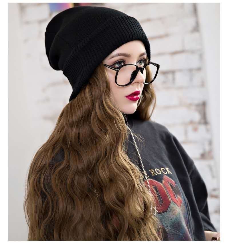 Woolen hat with wig all-in-one female fall and winter models stacked cap wool roll net red fashion long roll full head cover