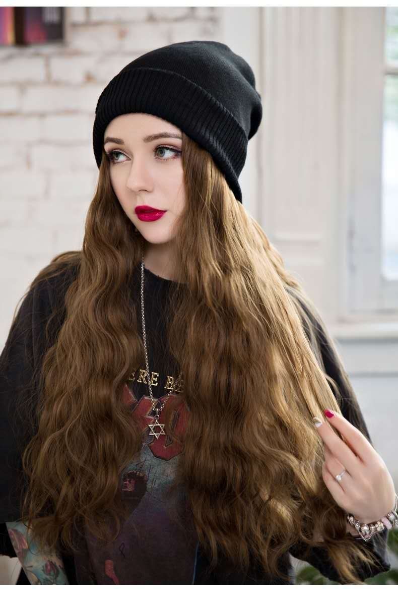 Woolen hat with wig all-in-one female fall and winter models stacked cap wool roll net red fashion long roll full head cover