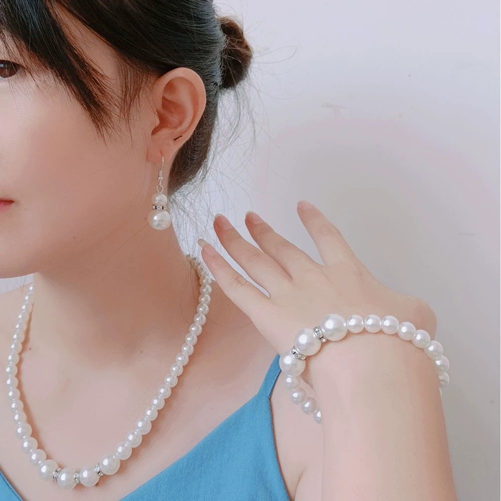 Wedding jewelry Korean fashion wedding banquet jewelry Radiant rhinestone silver-plated imitation pearl necklace earrings