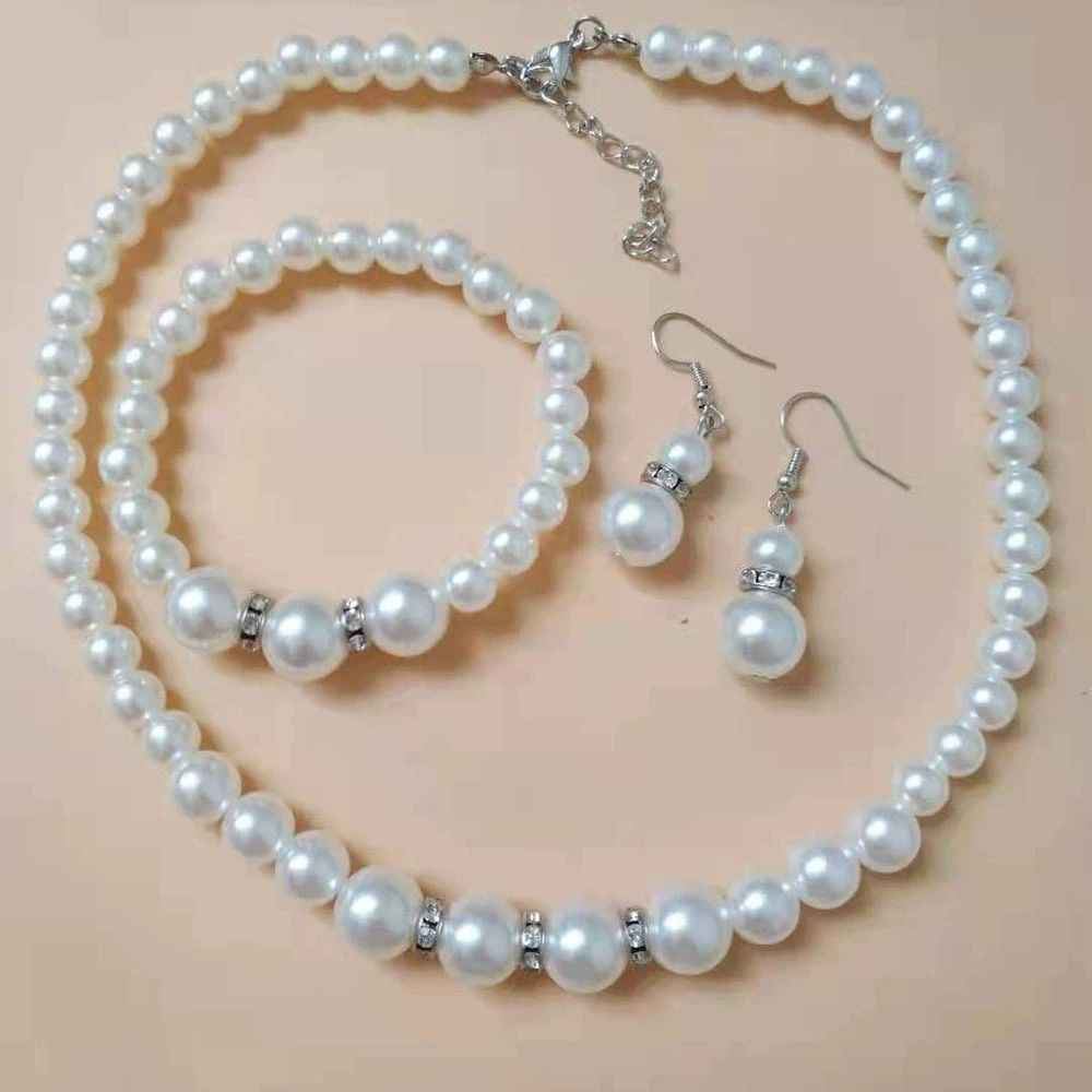 Wedding jewelry Korean fashion wedding banquet jewelry Radiant rhinestone silver-plated imitation pearl necklace earrings